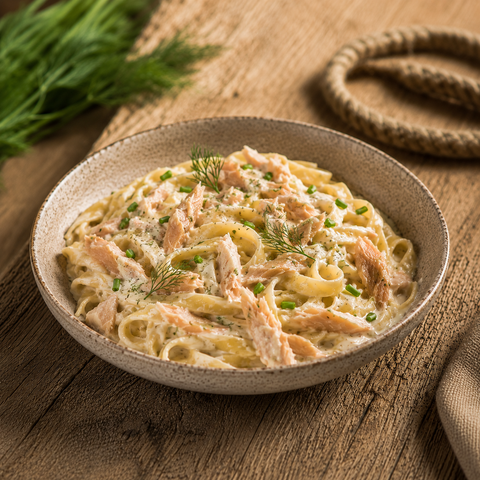 Pasta mit geräucherter Forelle und sahniger Soße