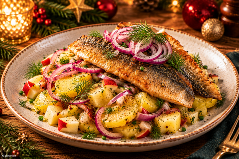 Brathering auf warmem Kartoffelsalat mit Apfel und roten Zwiebeln