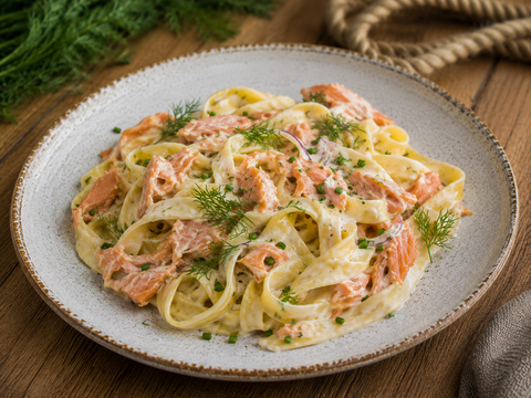 Pasta mit geräucherter Forelle in sahniger Soße