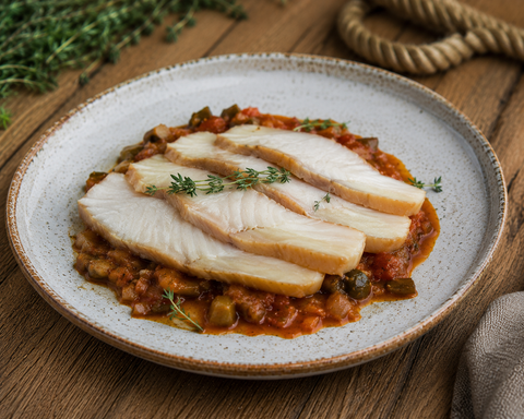 Tranchen vom geräucherten Heilbuttfilet auf mediterranem Tomatenragout
