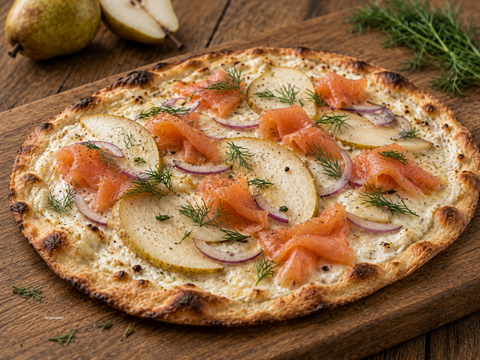 Flammkuchen mit Birne und Lachsforelle