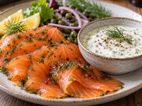 Graved Lachs mit Honig-Senf-Dill-Sauce