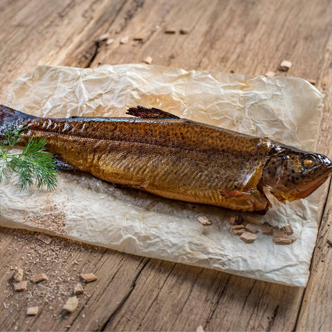 Geräucherte, ganze Forelle aus dem Altonaer Ofen der Räucherei Hoffmann.