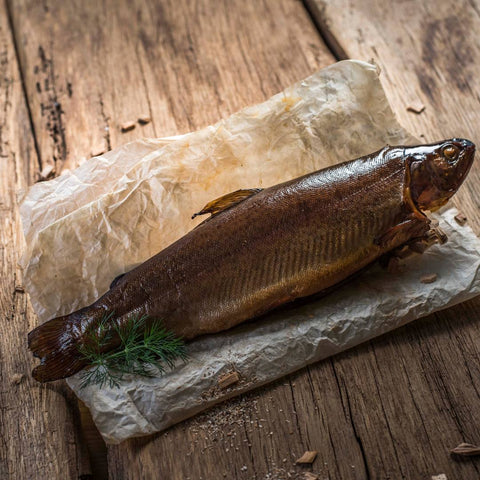 Ganze, geräucherte Lachsforelle aus dem Ofen der Räucherei Hoffmann am Dümmer-See.